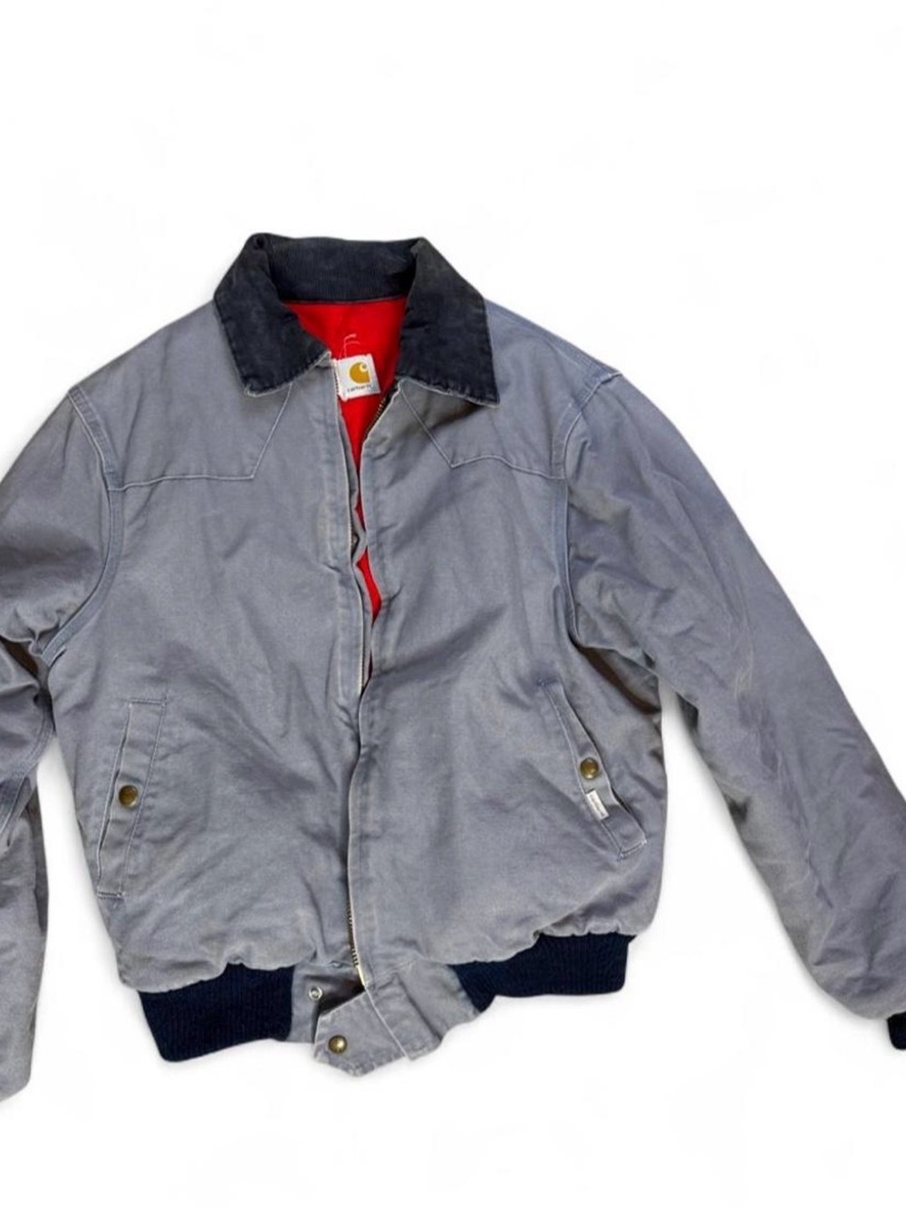 Vintage 90s Santa FeCarhartt blue Bomber Jacket with Black Collar and Red Lining